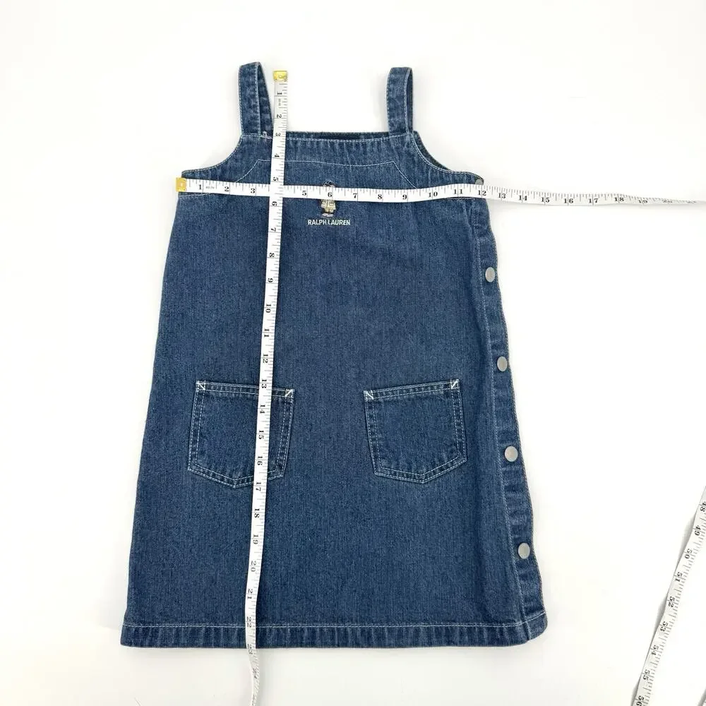 Vintage Girls 5 RALPH LAUREN Polo Teddy Bear Y2K Denim Jumper Dress Blue Jean